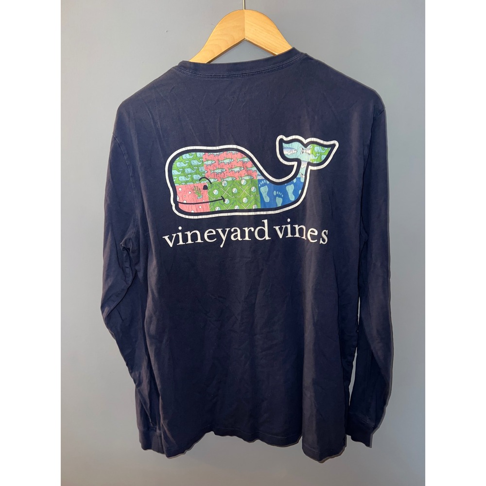 Vineyard Vines Mens Navy Blue Patchwork Whale Long Sleeve Pocket T-Shirt Size M